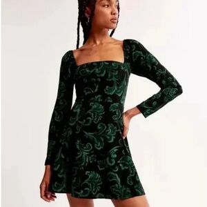 Abercrombie & Fitch Black Velvet Long-Sleeve Dress with Teal Floral Burnout